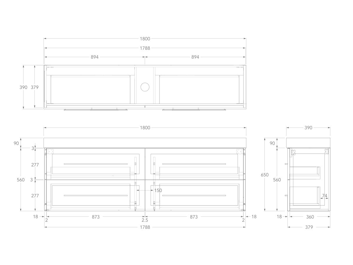 Technical Drawing - Kado Lux Ensuite All Drawer Twin 1800mm Wall Hung Centre Basin 90mm Top