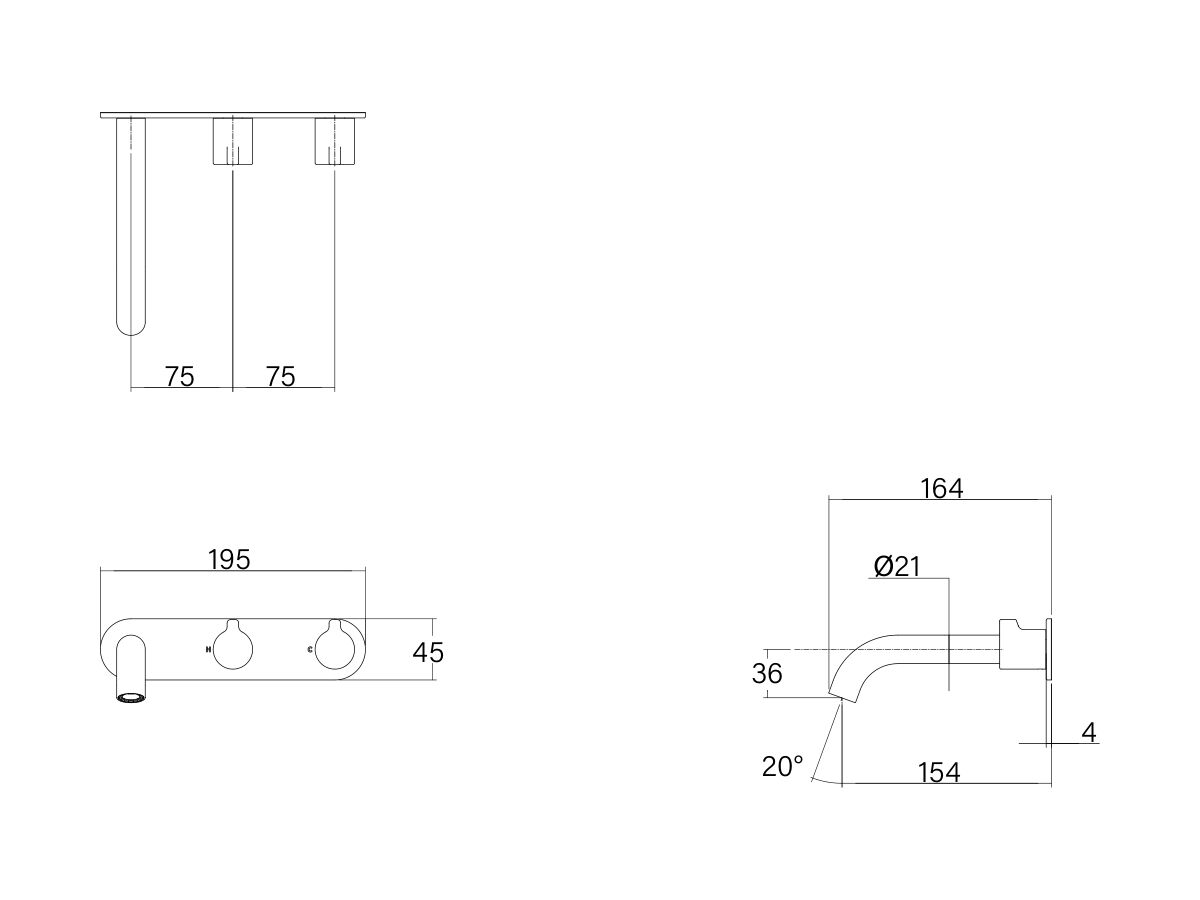 Technical Drawing - Faucet Strommen Vara Fin Wall Basin / Bath Hostess Tap System Right Hand 150mm (6 Star) Lead Free