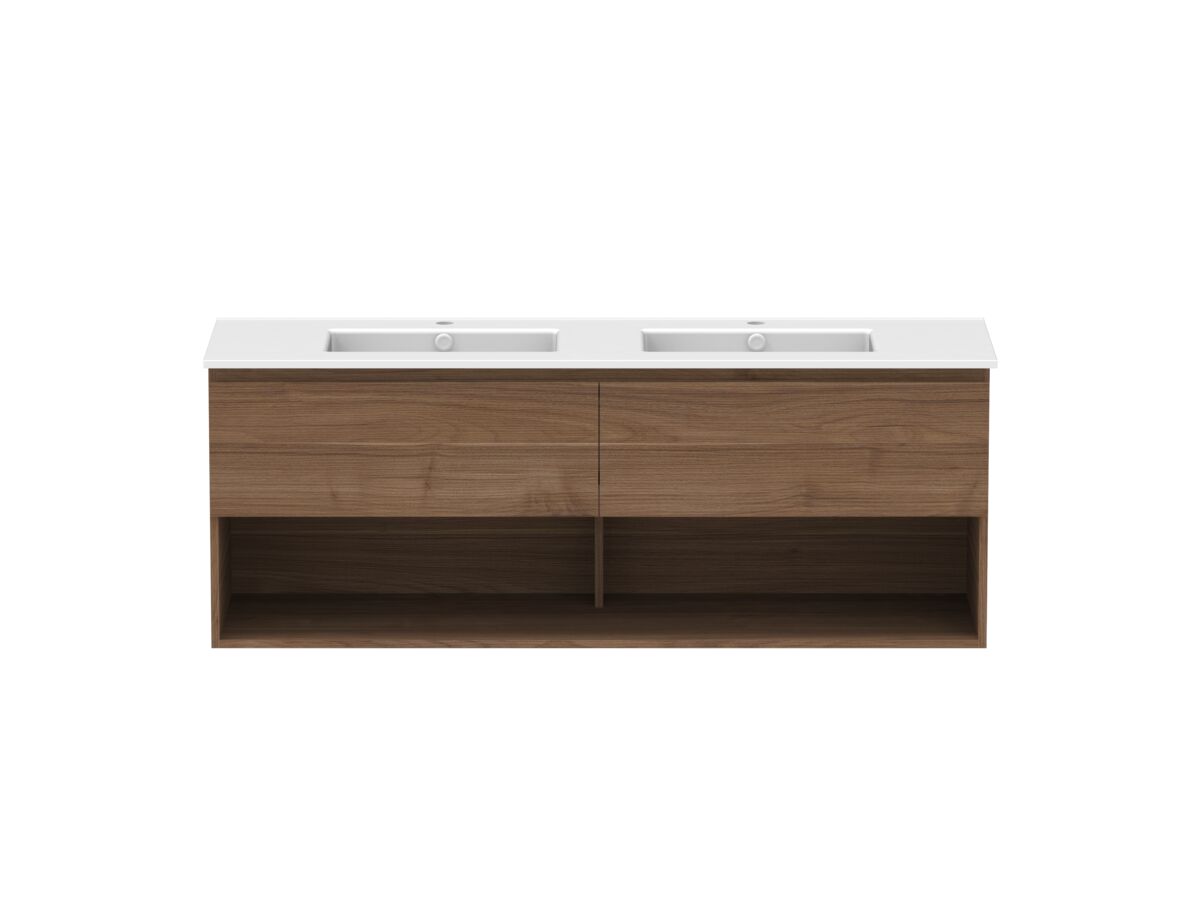 Hero - Posh Domaine 1500mm Wall Hung Vanity Unit All-Drawer Open Shelf Double Bowl Matte White Ceramic Top