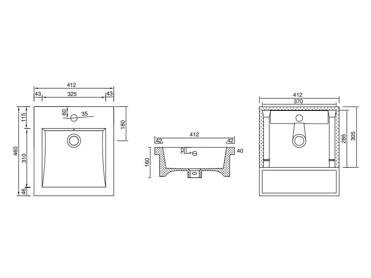 Kado Lux Semi Recessed Basin 410mm x 460mm 1 Taphole White