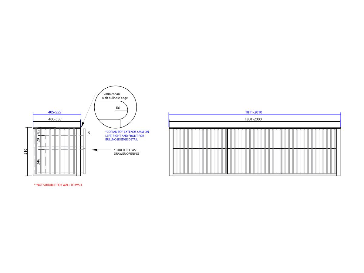 ISSY Custom Cloud II 1801-2000mm x 400-550mm x 510mm Wall Hung Vanity Unit 6 Touch Latch Drawers (No Basin)