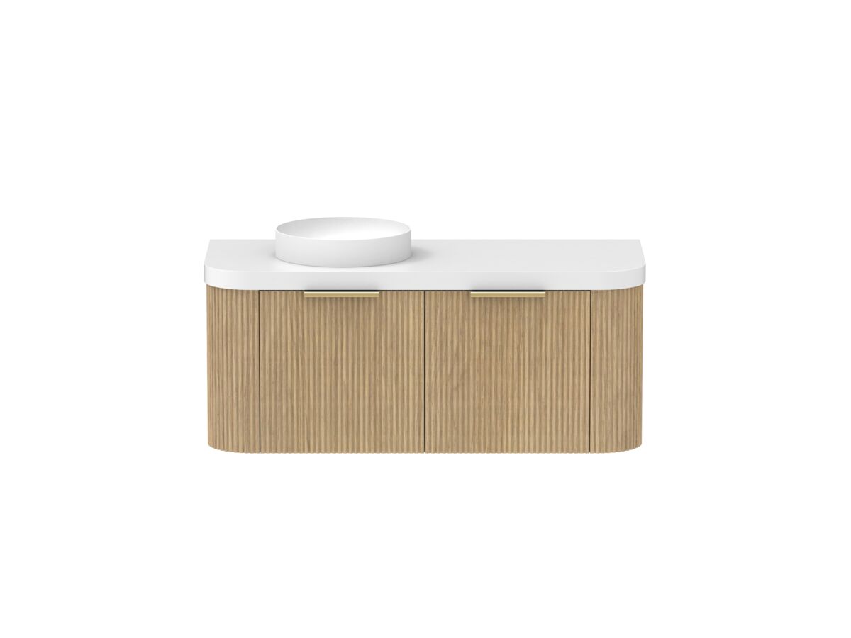 Supporting Image - Kado Neue Fluted Double Curve All Drawer 1200mm Wall Hung Vanity with Left Hand Basin Durasein 50mm Top Boston Oak