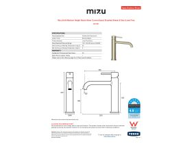 Specification Sheet - Mizu Drift Medium Height Basin Mixer Curved Spout Brushed Brass (6 Star) Lead Free