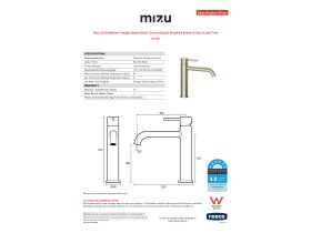 Specification Sheet - Mizu Drift Mid Basin Mixer Curved Spout Brushed Brass (6 Star)