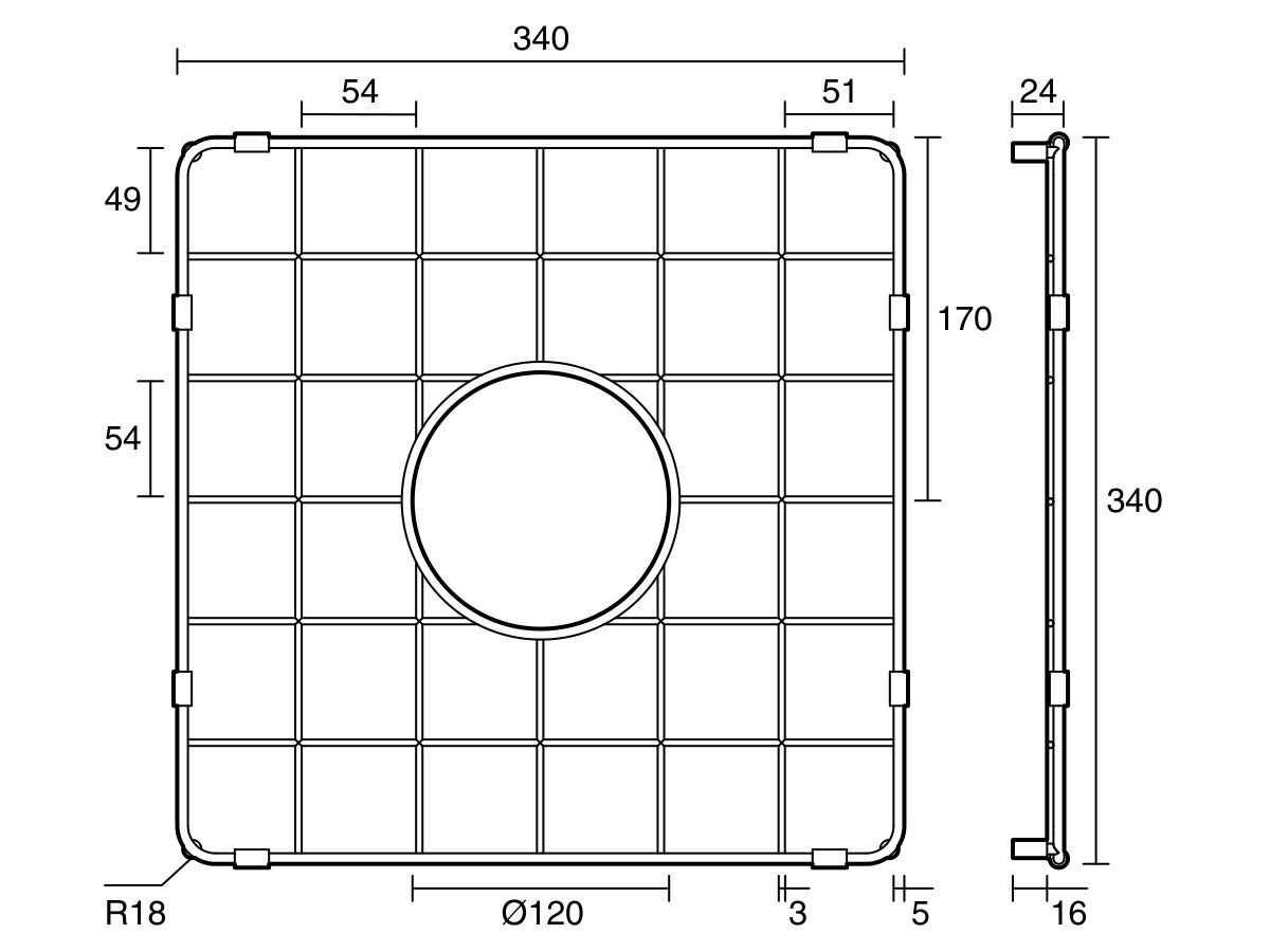 Technical Drawing - Memo Harper Sink Protect Grid 340mm x 340mm Stainless Steel