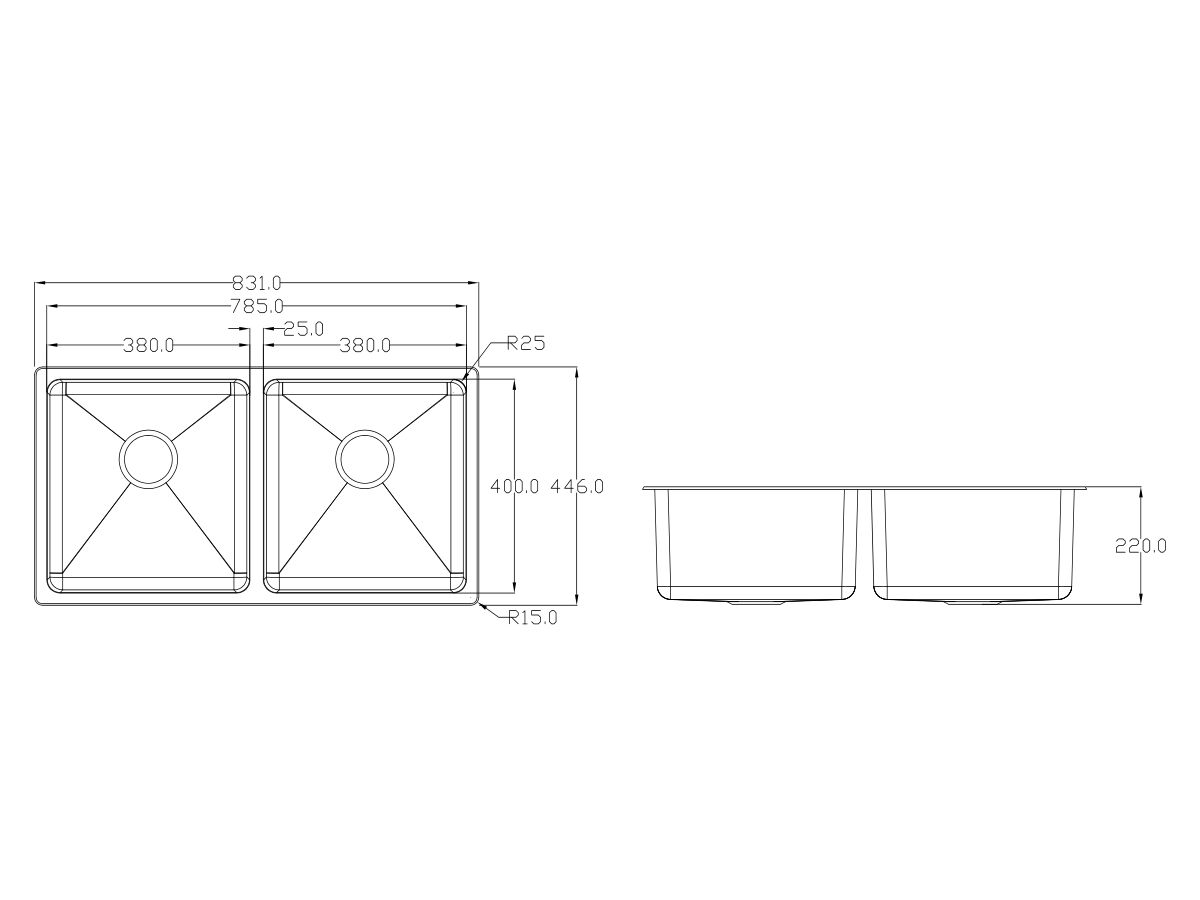 Memo Hugo Double Bowl Sink No Taphole Stainless Steel