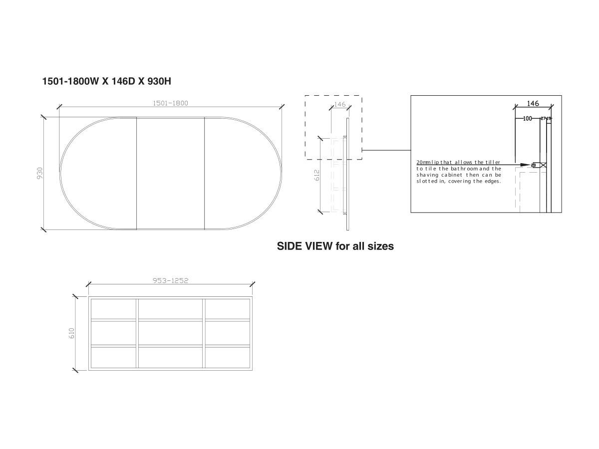 ISSY Halo 1501-1800 x 930mm Rounded Triple Mirror with Shaving Cabinet (Recessed)