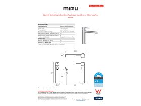 Specification Sheet - Mizu Drift Medium Height Basin Mixer Tap Straight Spout Chrome (6 Star) Lead Free