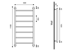 Technical Drawing - Hydrotherm Pure Heated Towel Rail 500mm x 1100mm