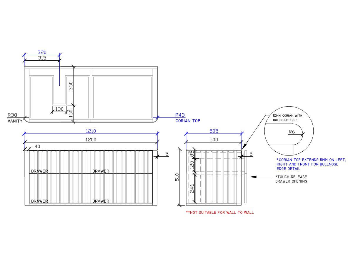 ISSY Cloud II 1200mm x 500mm x 510mm Wall Hung Vanity Unit 4 Touch Latch Drawers (No Basin)