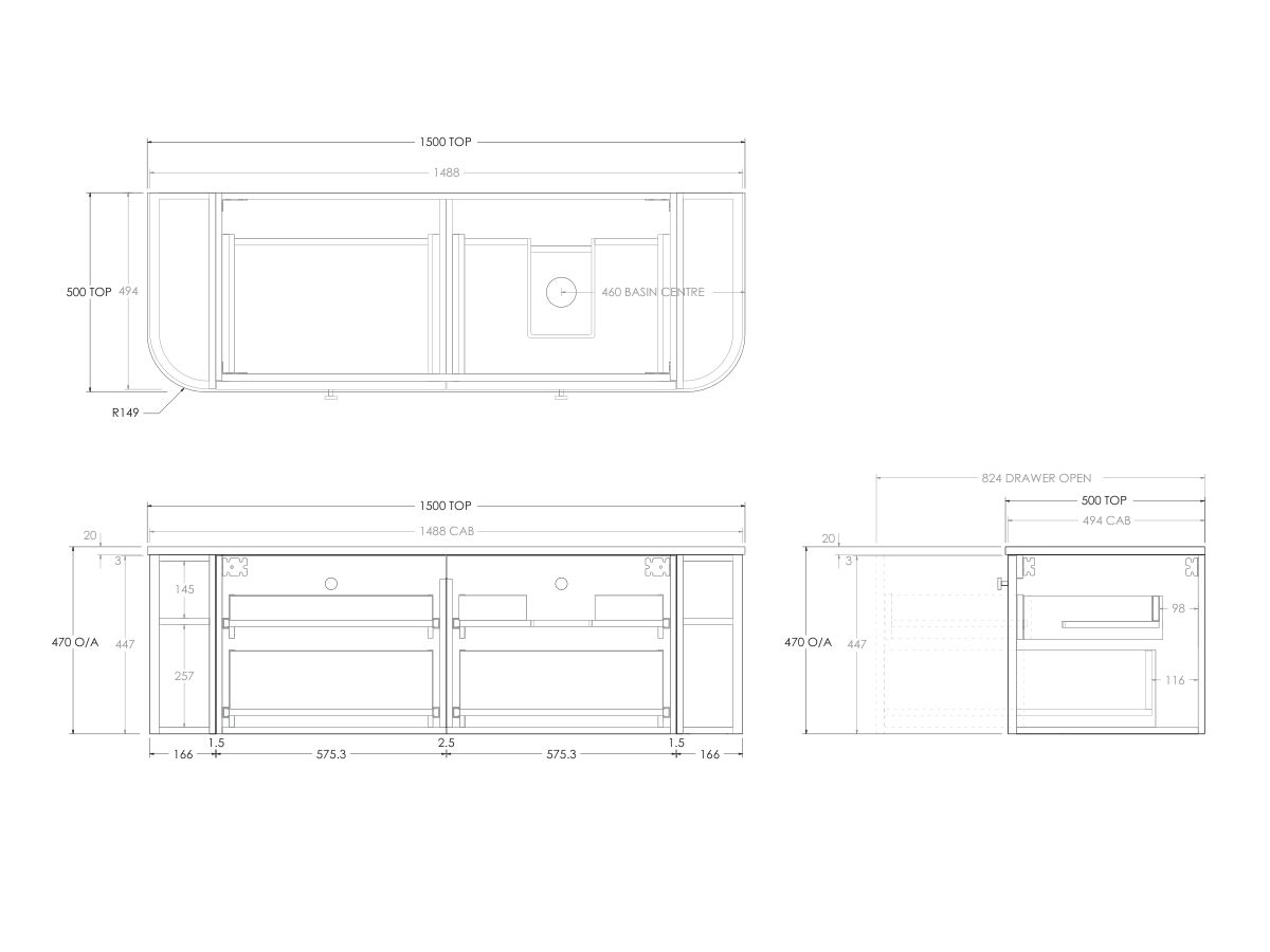Technical Drawing - Kado Era Double Curve All Drawer 1500mm Wall Hung Vanity with Right Hand Basin 20mm Top
