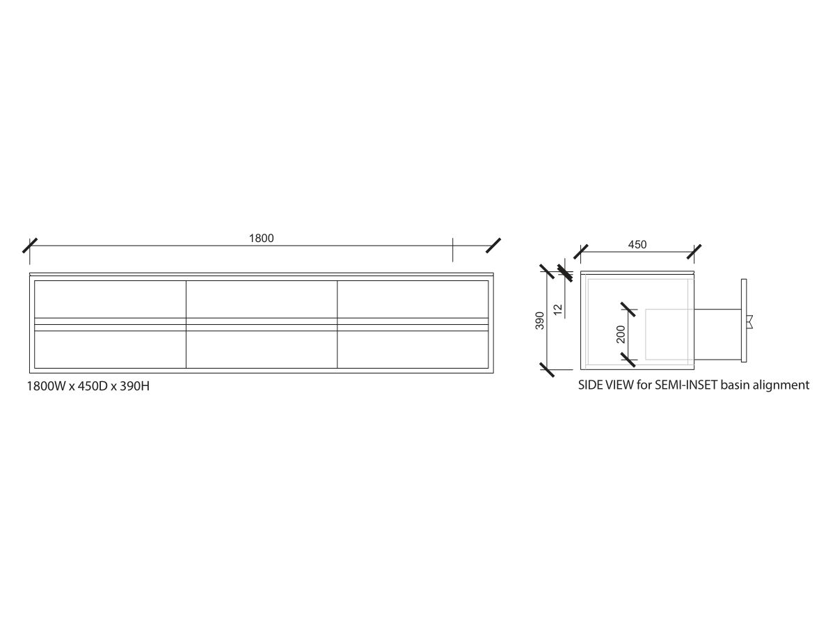 ISSY Z8 Vanity Unit 1800mm (W) x 450mm (D) x 390mm (H) 6 Drawer Semi Inset Basin