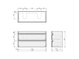 Technical Drawing - Posh Domaine Twin 1200 Double Bowl Wall Hung Ceramic Top