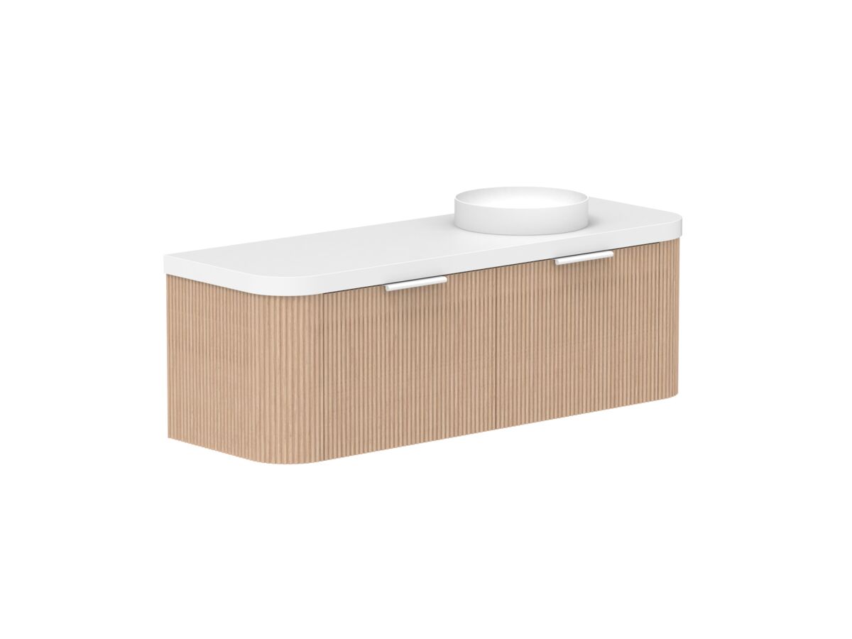 Supporting Image 2- Kado Neue Fluted Double Curve All Drawer 1500mm Wall Hung Vanity with Right Hand Basin Durasein 50mm Top Blonde Oak