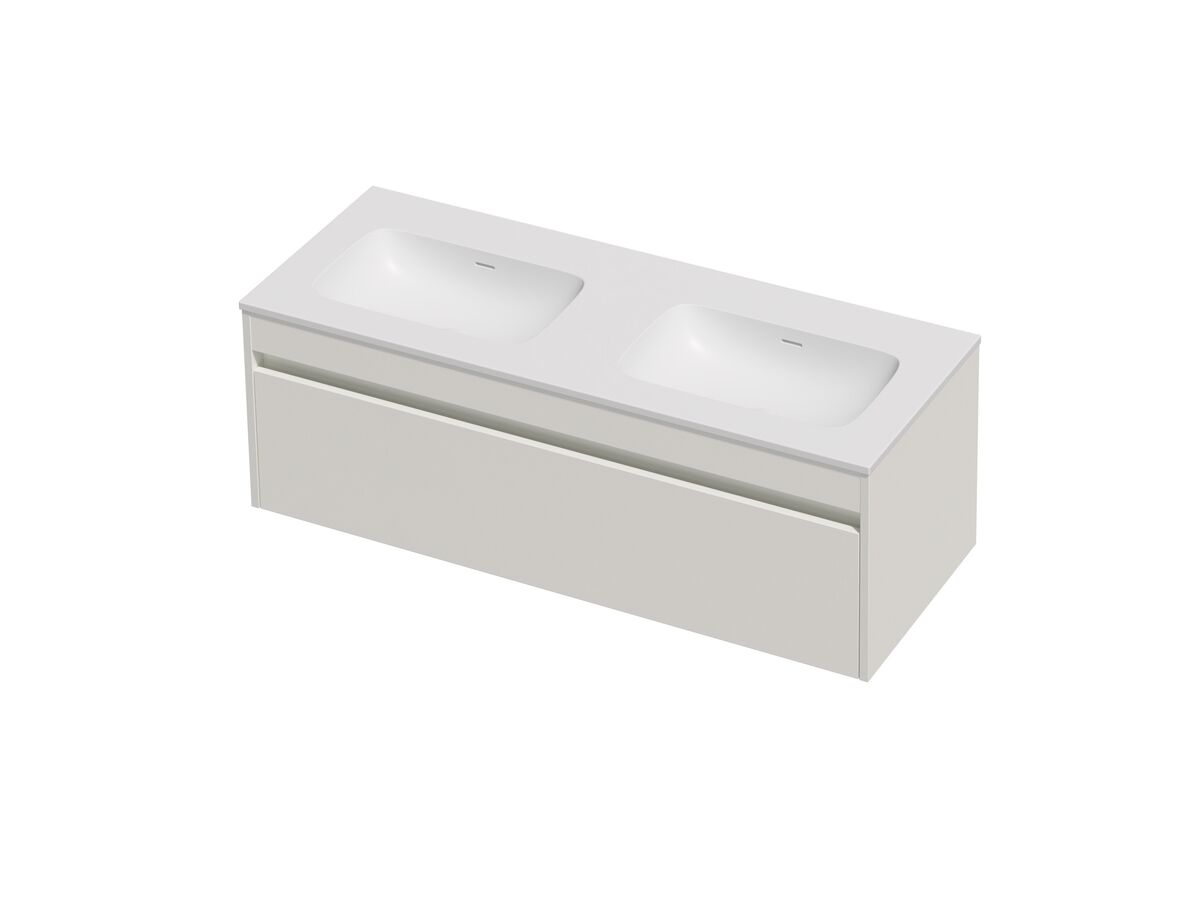 Hero - Posh Domaine Single 1200 Double Bowl 1 Drawer Wall Hung Vanity White Console Top Matte White Mineral Cast No Taphole