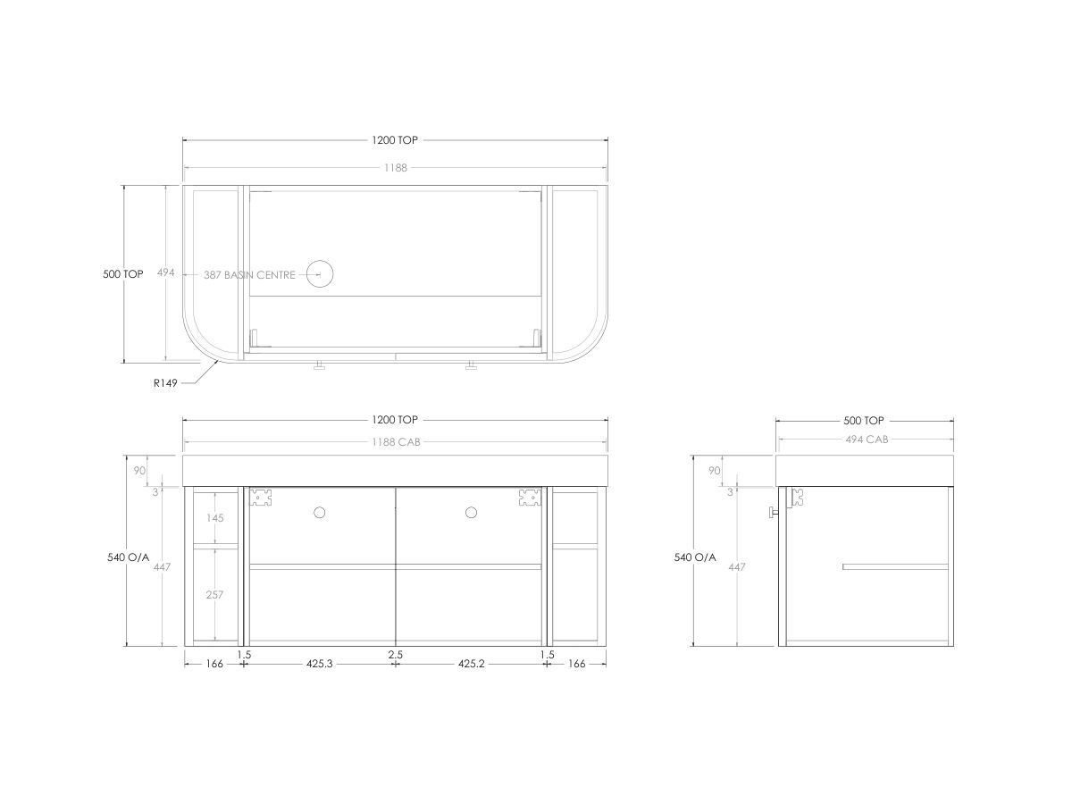 Technical Drawing - Kado Era Double Curve All Door 1200mm Wall Hung Vanity Left Hand Basin 90mm Durasein Top