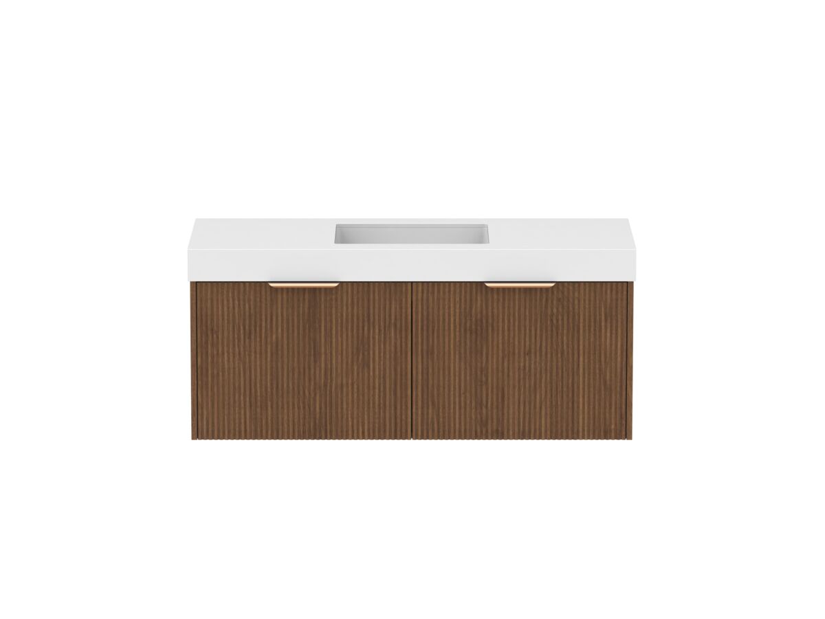 Supporting Image - Kado Neue Fluted Square All Drawer 1200mm Wall Hung Vanity with Centre Basin 90mm Top Florentine Walnut