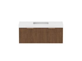 Supporting Image - Kado Neue Fluted Square All Drawer 1200mm Wall Hung Vanity with Centre Basin 90mm Top Florentine Walnut