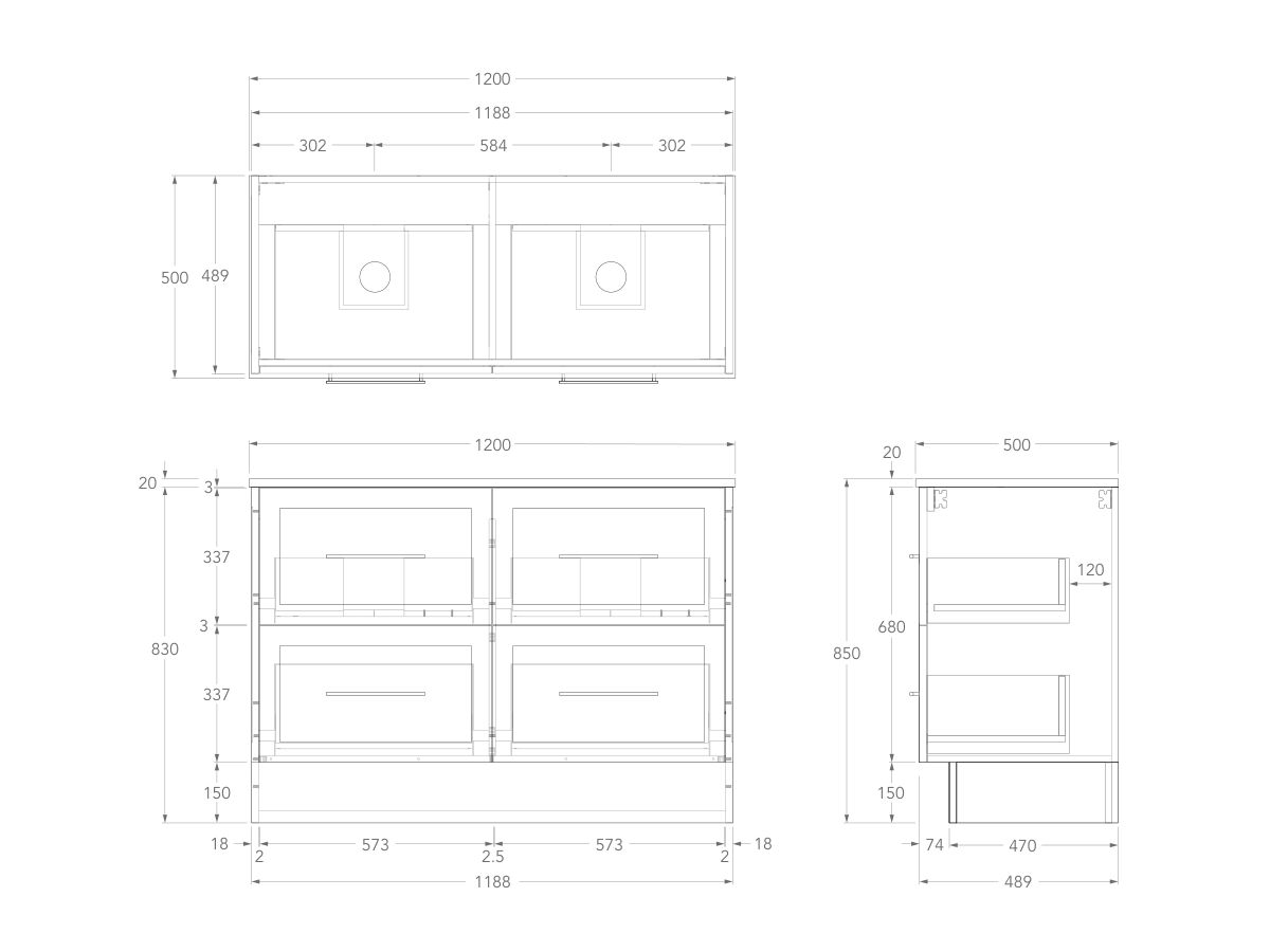 Kado Lux Floor Mounted 1200mm with Kickboard 4 Drawer Double Vanity (No Basin)