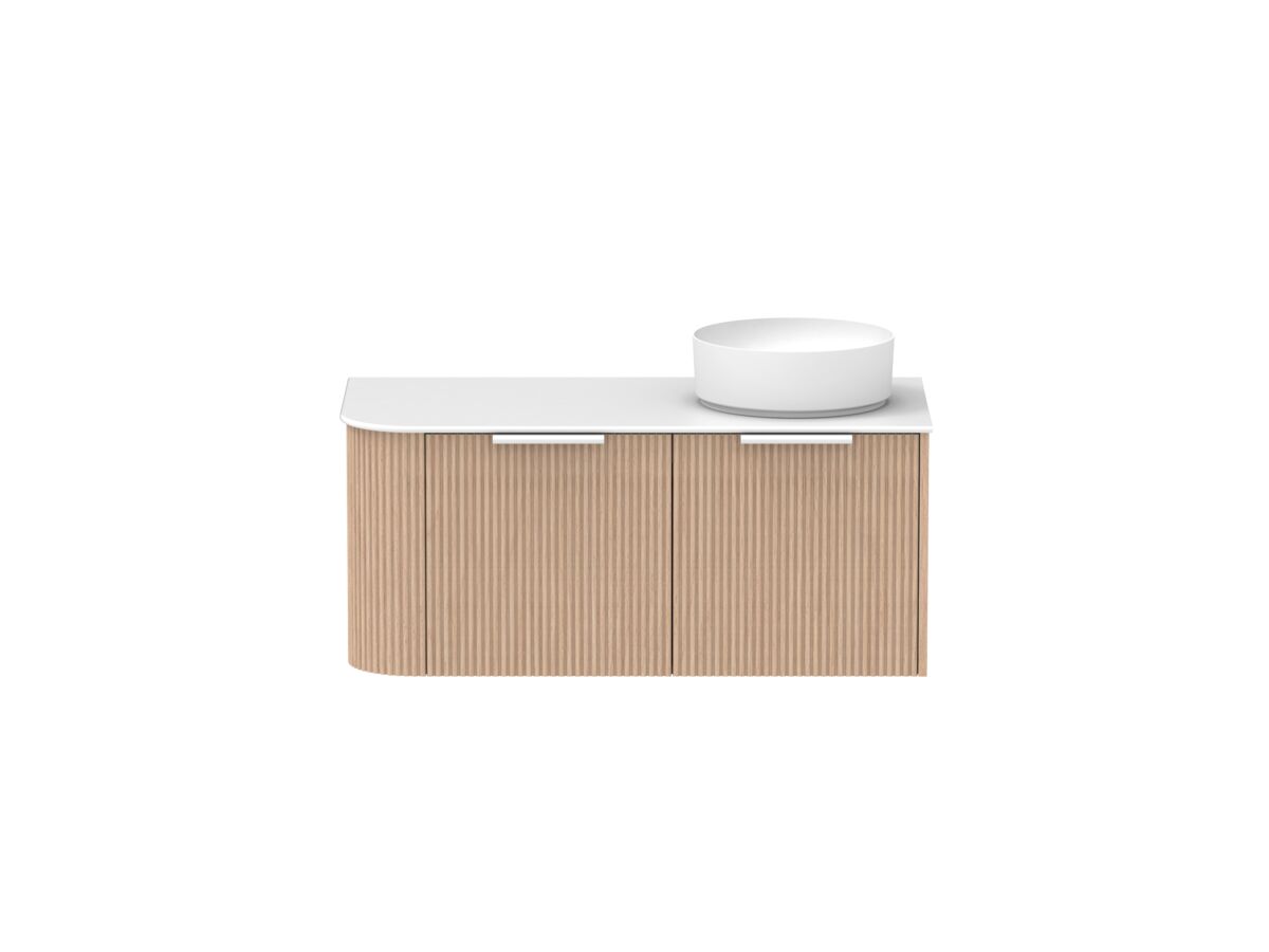 Supporting Image - Kado Neue Fluted Single Curve All Drawer 1050mm Wall Hung Vanity with Right Hand Basin Durasein 12mm Top Blonde Oak