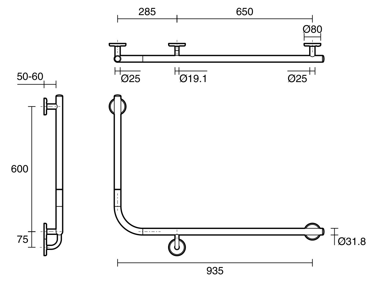 Mizu Drift 935mm x 600mm x 90 Degree Accessible Toilet Grab Rail Modular Right Hand