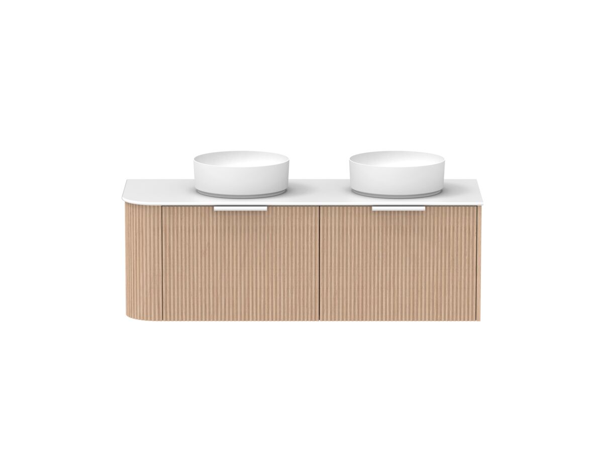 Supporting Image - Kado Neue Fluted Single Curve All Drawer 1350mm Wall Hung Vanity with Double Basin Durasein 12mm Top Blonde Oak