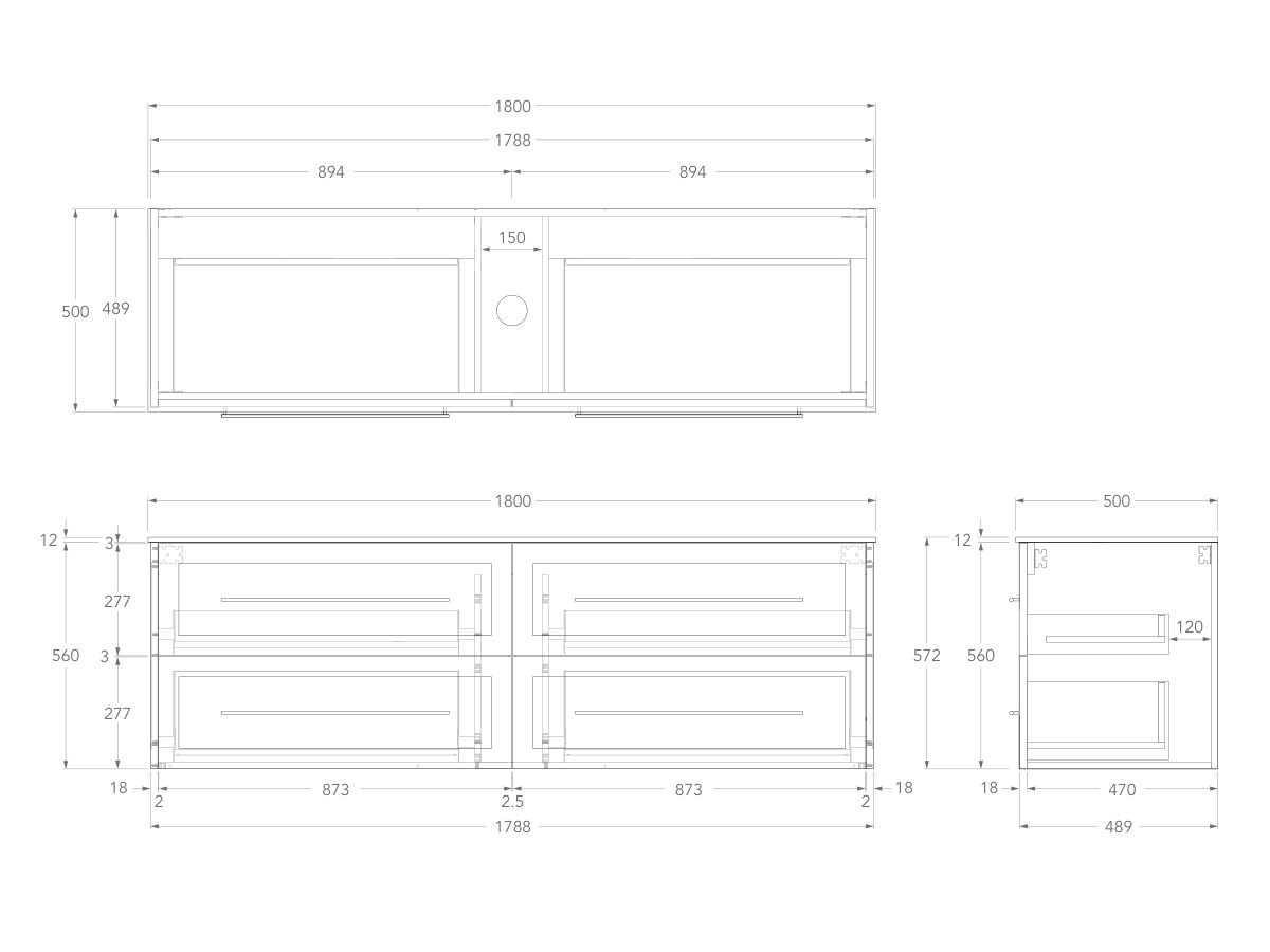 Technical Drawing - Kado Lux 1800mm All Drawer Wall Hung Vanity Unit 4 Drawers Centre Bowl Vanity 12mm Durasein Top