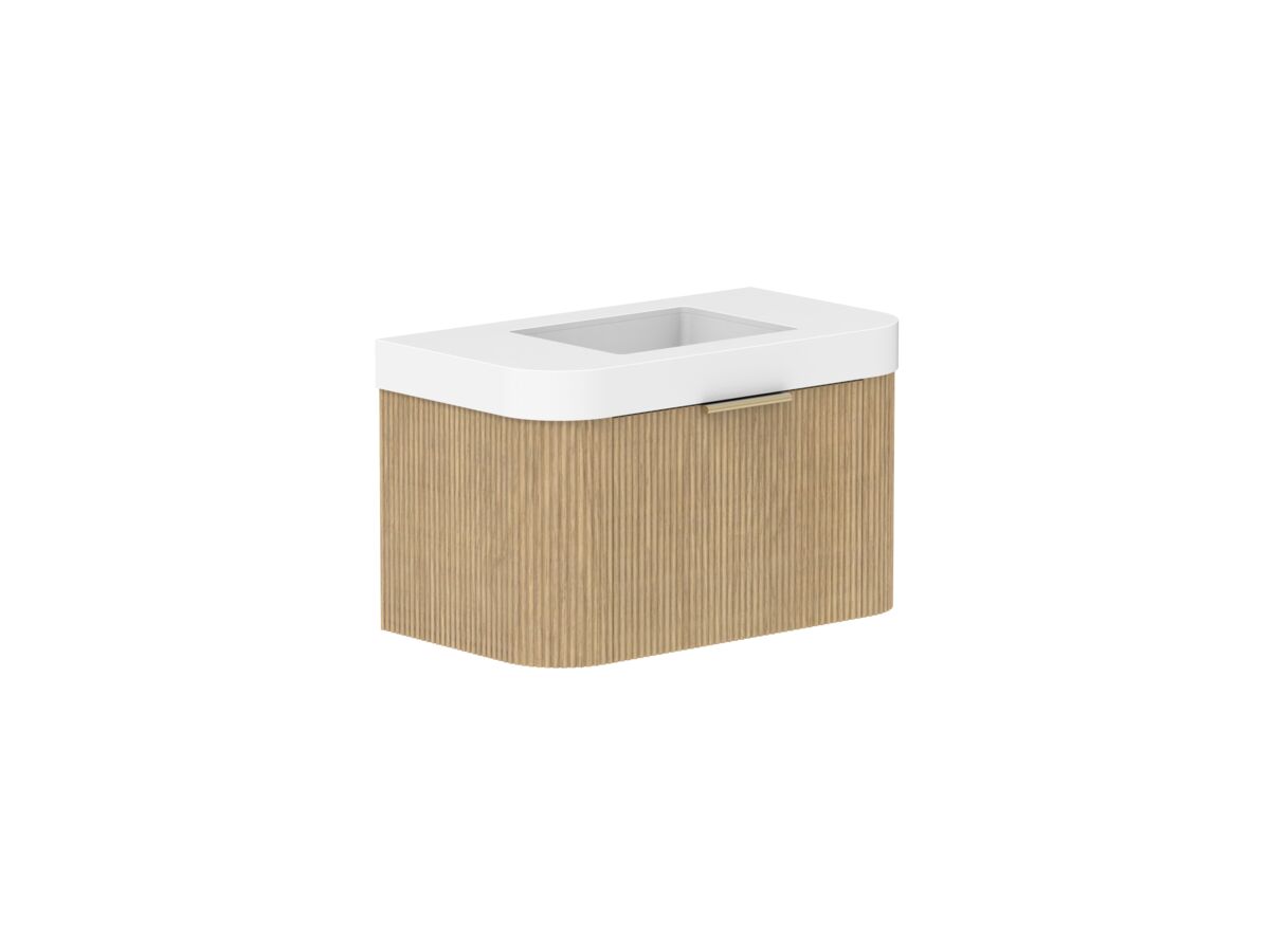 Supporting Image 2- Kado Neue Fluted Double Curve All Drawer 900mm Wall Hung Vanity with Centre Basin Durasein 90mm Top Boston Oak