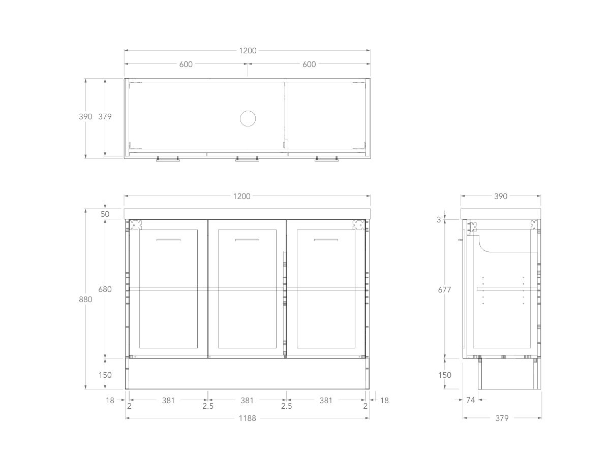 Technical Drawing - Kado Lux Ensuite All Door 1200mm Floor Mount Centre Basin 50mm Top