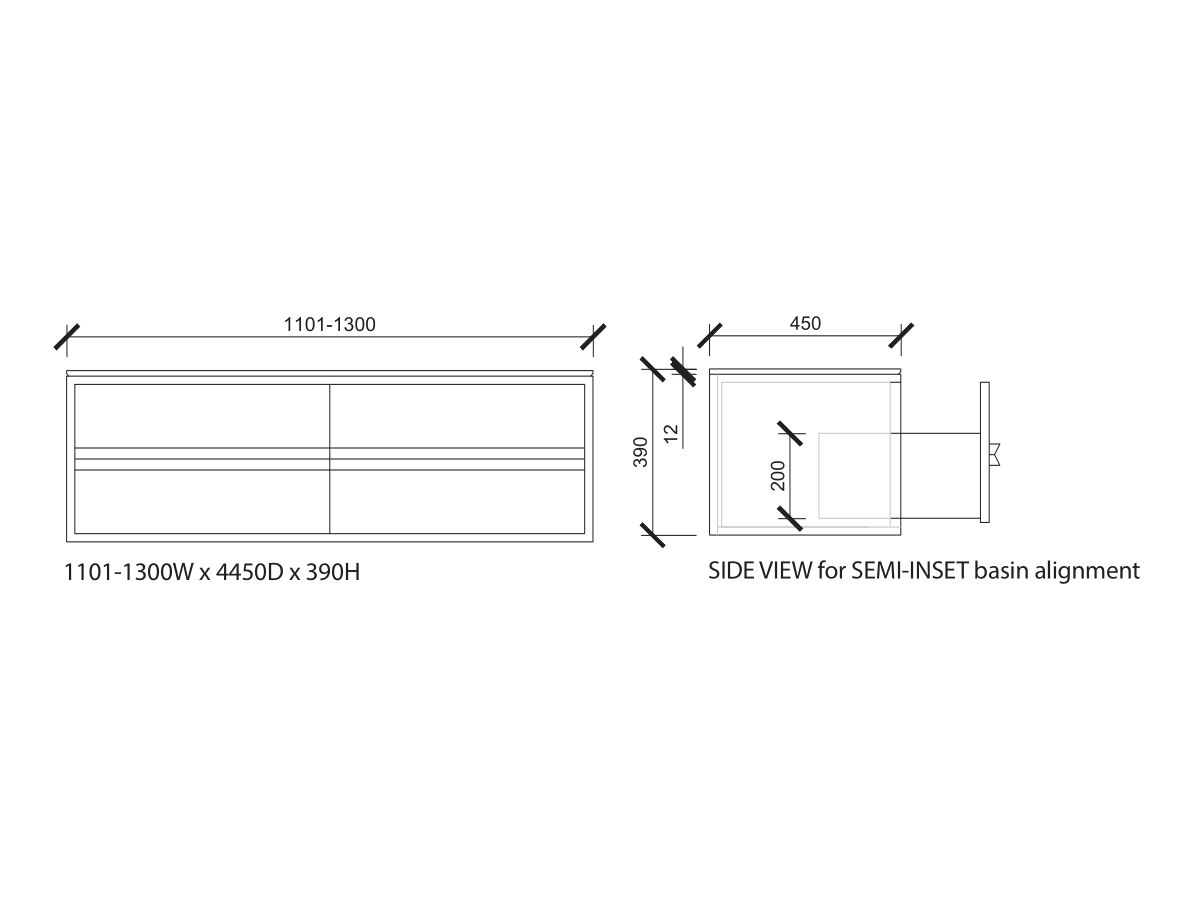 ISSY Z8 Custom Vanity Unit 1101-1300mm (W) x 450mm (D) x 390mm (H) 3 Drawer Semi Inset Basin