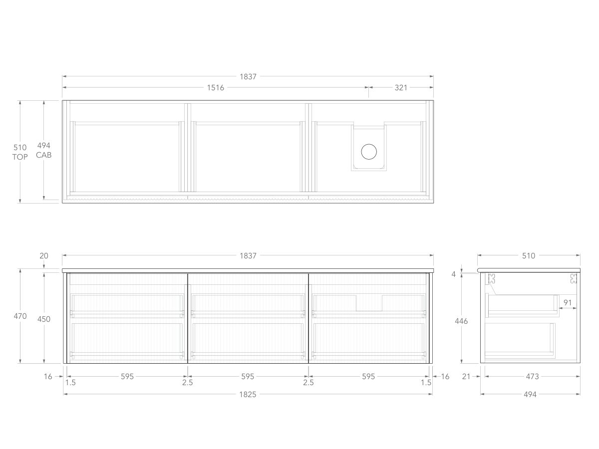 Technical Drawing - Kado Neue Fluted Square All Drawer 1800mm Wall Hung Vanity with Right Hand Basin 20mm Top