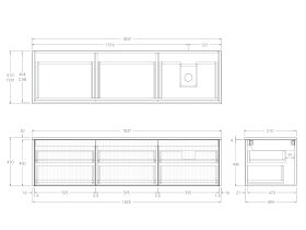 Technical Drawing - Kado Neue Fluted Square All Drawer 1800mm Wall Hung Vanity with Right Hand Basin 20mm Top