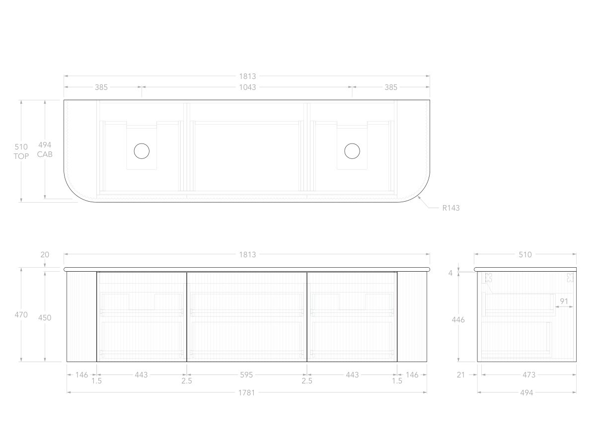 Technical Drawing - Kado Neue Fluted Double Curve All Drawer 1800 Wall Hung Vanity With Double Basin 20mm
