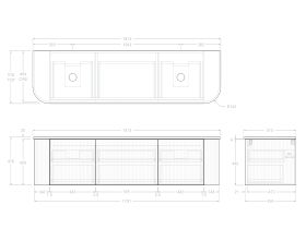 Technical Drawing - Kado Neue Fluted Double Curve All Drawer 1800 Wall Hung Vanity With Double Basin 20mm