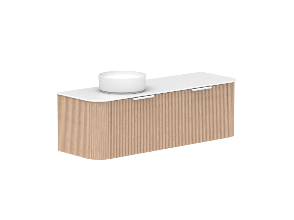 Supporting Image 2- Kado Neue Fluted Double Curve All Drawer 1500 Wall Hung Vanity with Left Hand Basin Durasein 12mm Top Blonde Oak