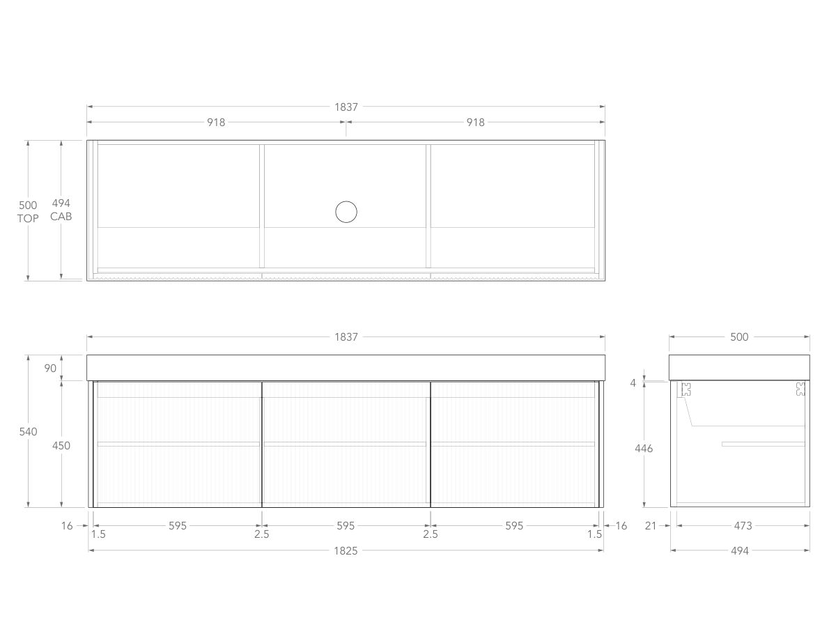 Technical Drawing - Kado Neue Fluted Square All Door 1800mm Wall Hung Vanity with Centre Basin 90mm Top