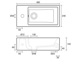 Technical Drawing - Posh Solus Mini Wall Basin Right Hand Bowl 485mm x 240mm 1 Taphole Left Hand White