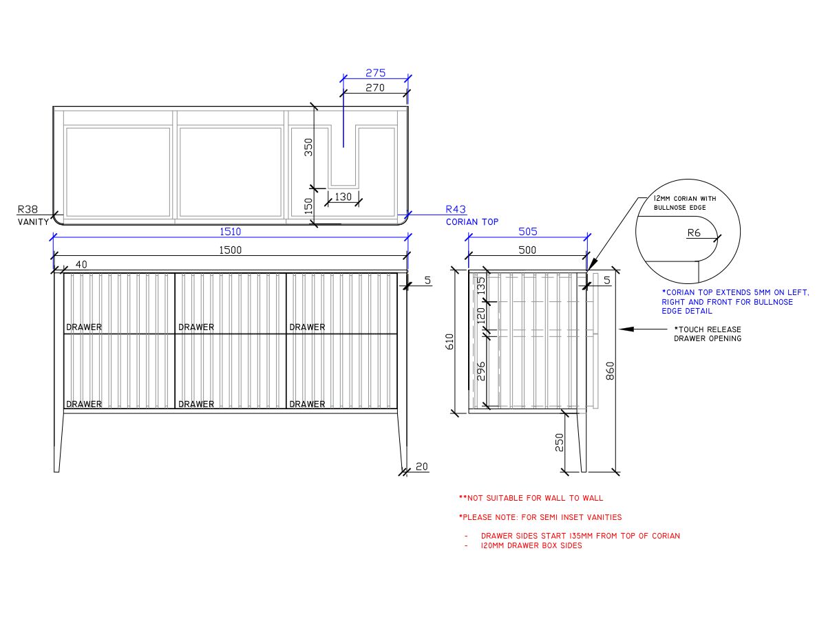ISSY Cloud II 1500mm x 500mm x 860mm Vanity Unit with Legs 6 Touch Latch Drawers Semi Inset (No Basin)