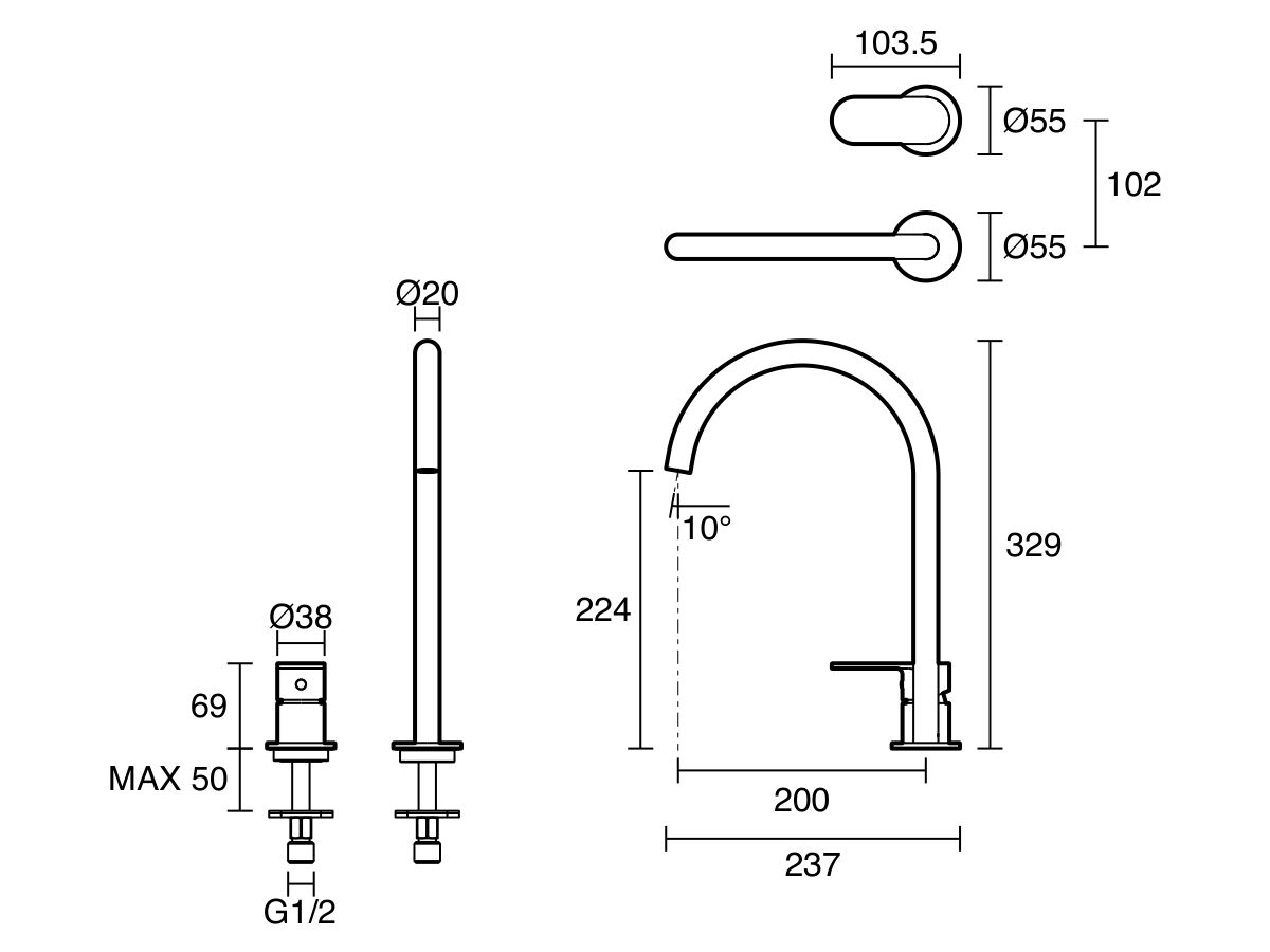 Technical Drawing - Mizu Soothe MK2 Extended Height Hob Mixer Set (5/6 Star) Lead Free