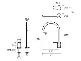 Technical Drawing - Mizu Soothe MK2 Extended Height Hob Mixer Set (5/6 Star) Lead Free