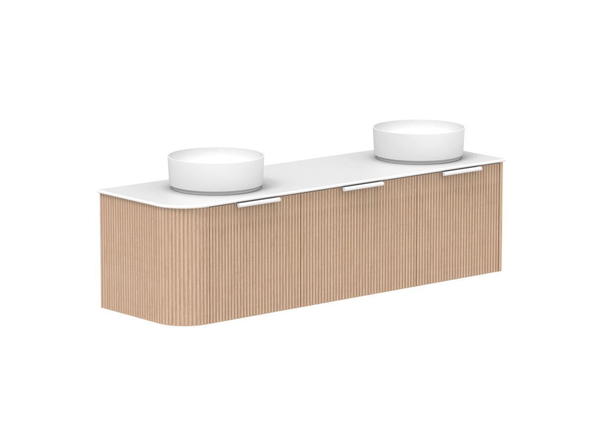 Supporting Image 2- Kado Neue Fluted Single Curve All Drawer 1650mm Wall Hung Vanity with Double Basin Durasein 12mm Top Blonde Oak