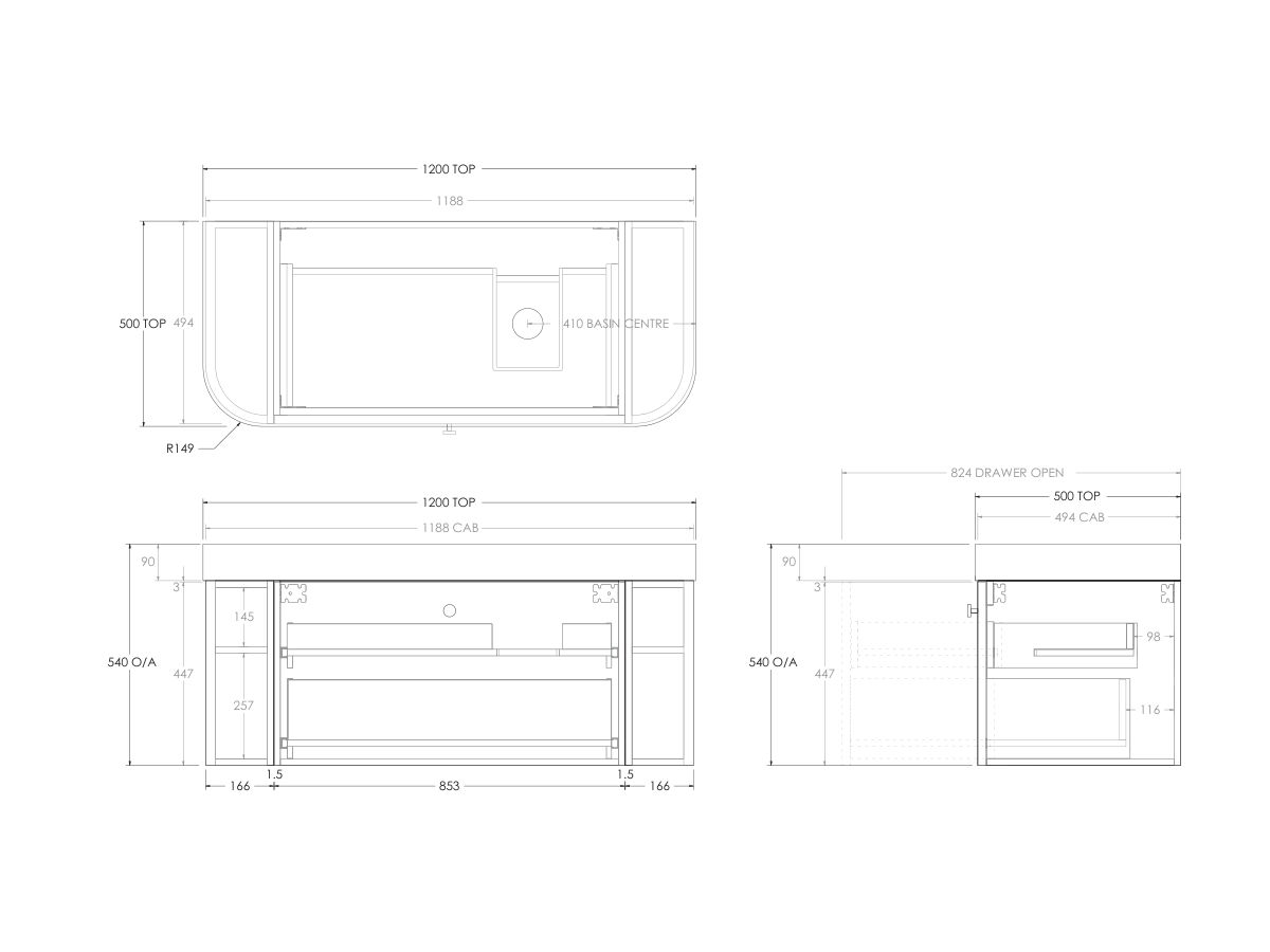 Technical Drawing - Kado Era Double Curve All Drawer 1200mm Wall Hung Vanity Right Hand Basin 90mm Durasein Top