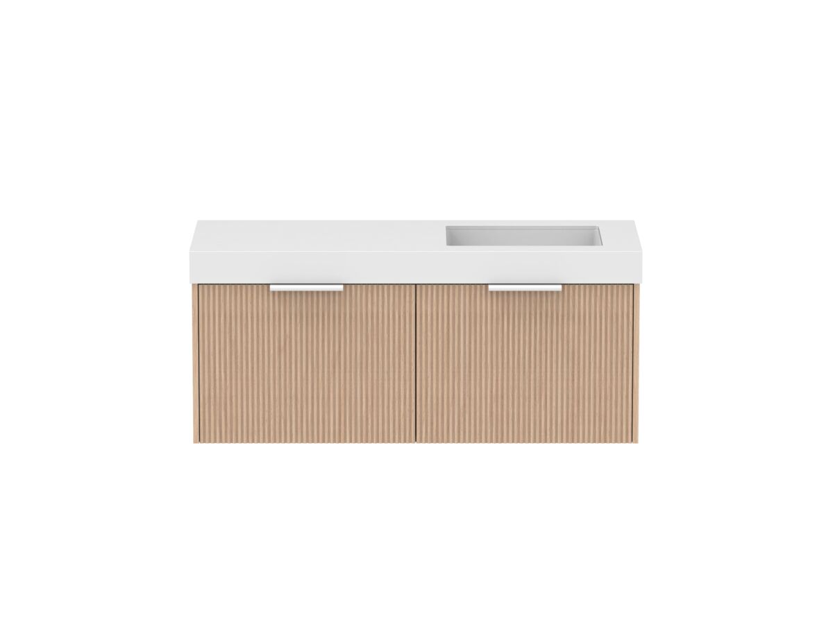 Supporting Image - Kado Neue Fluted Square All Drawer 1200mm Wall Hung Vanity with Right Hand Basin 90mm Top Blonde Oak
