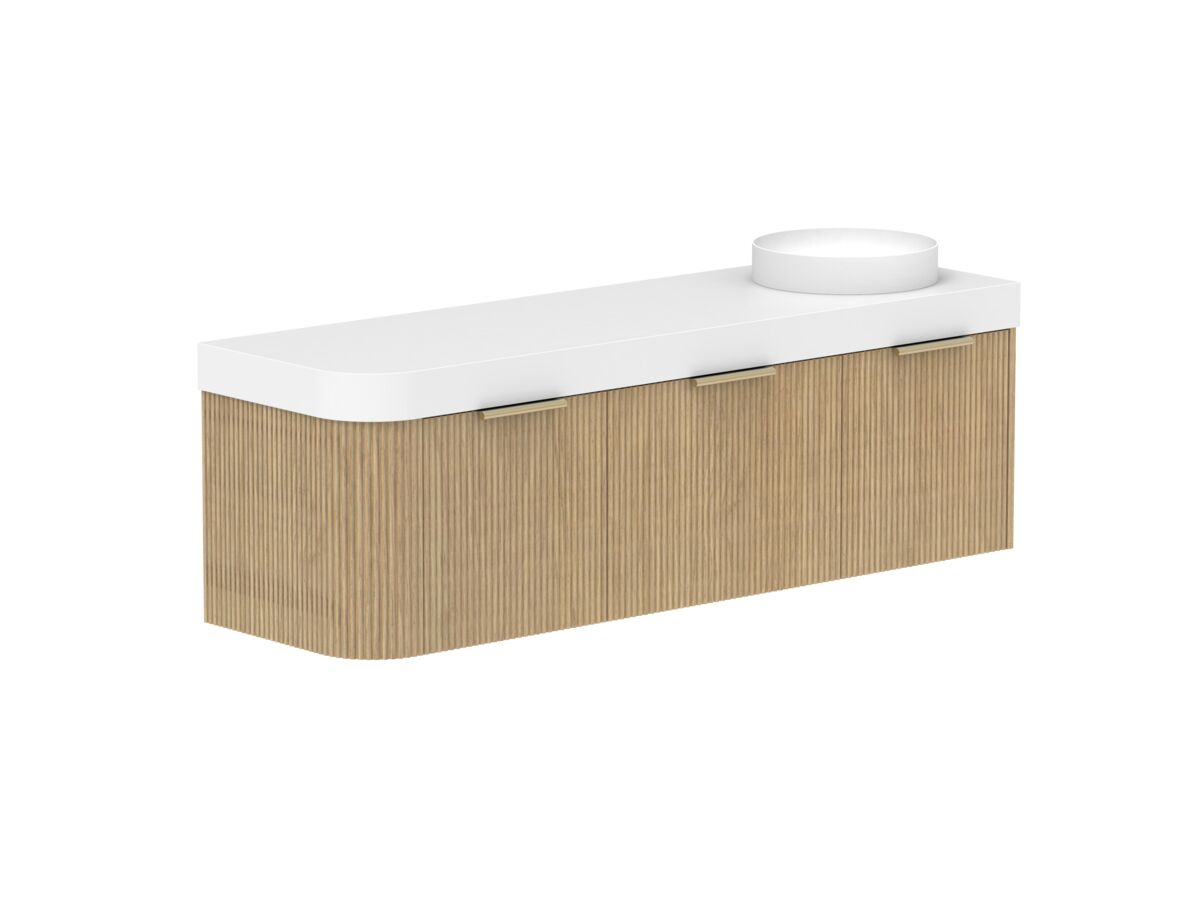 Supporting Image 2- Kado Neue Fluted Single Curve All Drawer 1650mm Wall Hung Vanity with Right Hand Basin Durasein 90mm Top Boston Oak