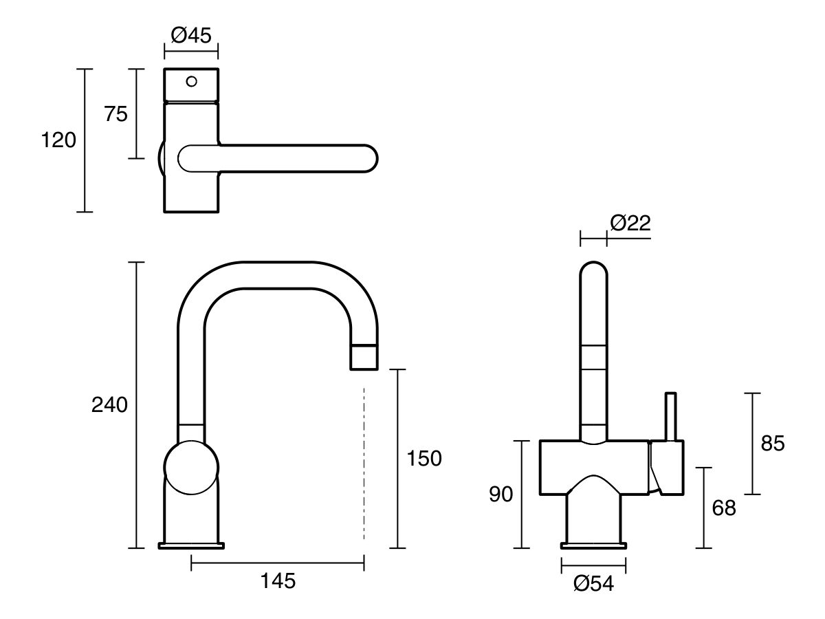 Technical Drawing - Sussex Scala Basin-Sink Mixer Tap Small Square Right Hand