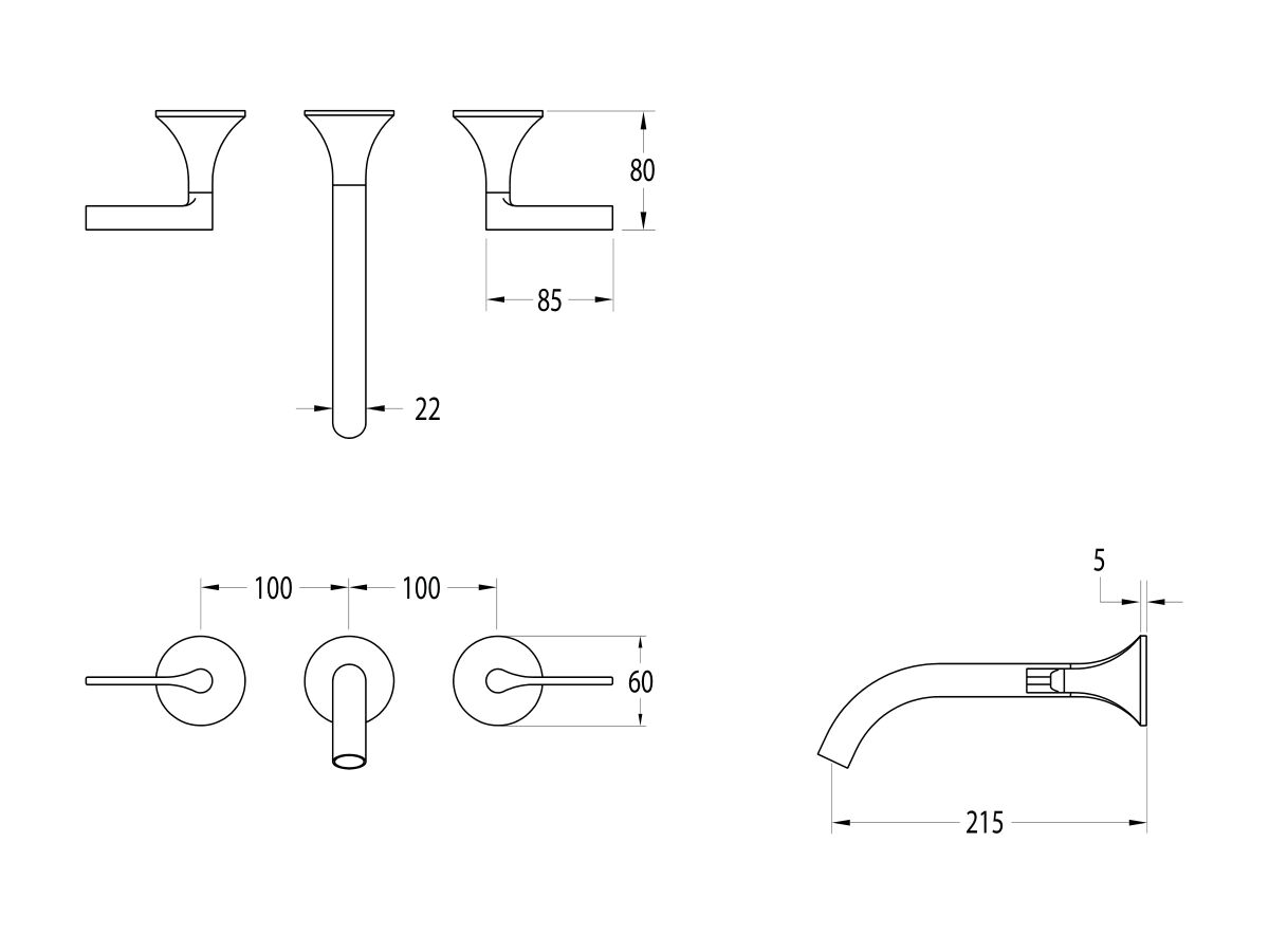 Sussex Oria Wall Basin Set 215mm (5 Star)