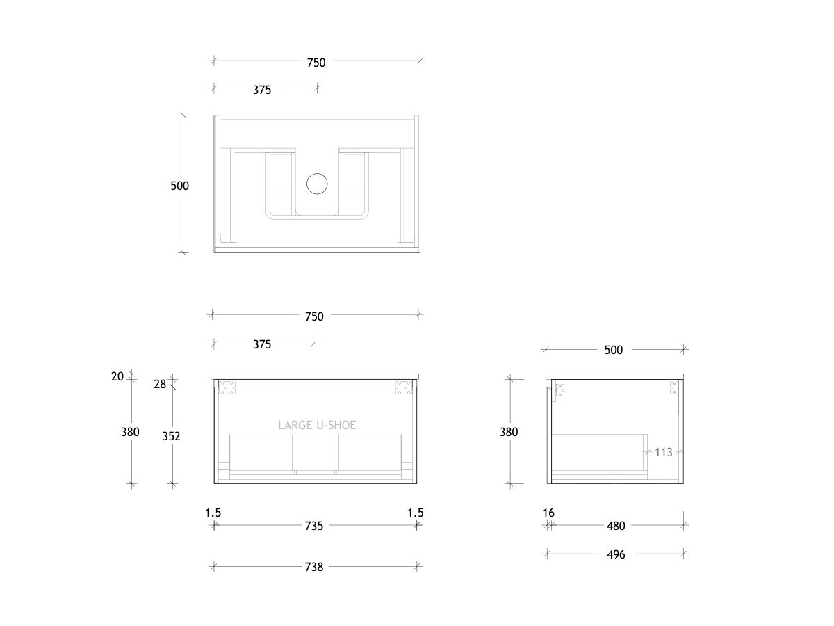Technical Drawing - Posh Domaine All Drawer 750mm Wall Hung Vanity Centre Basin 20mm Top