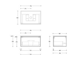 Technical Drawing - Posh Domaine All Drawer 750mm Wall Hung Vanity Centre Basin 20mm Top