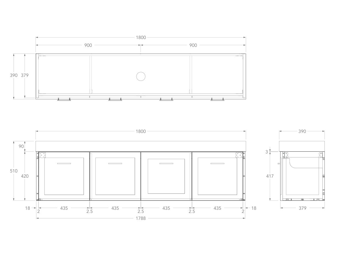Technical Drawing - Kado Lux Ensuite All Door 1800mm Wall Hung Centre Basin 90mm Top