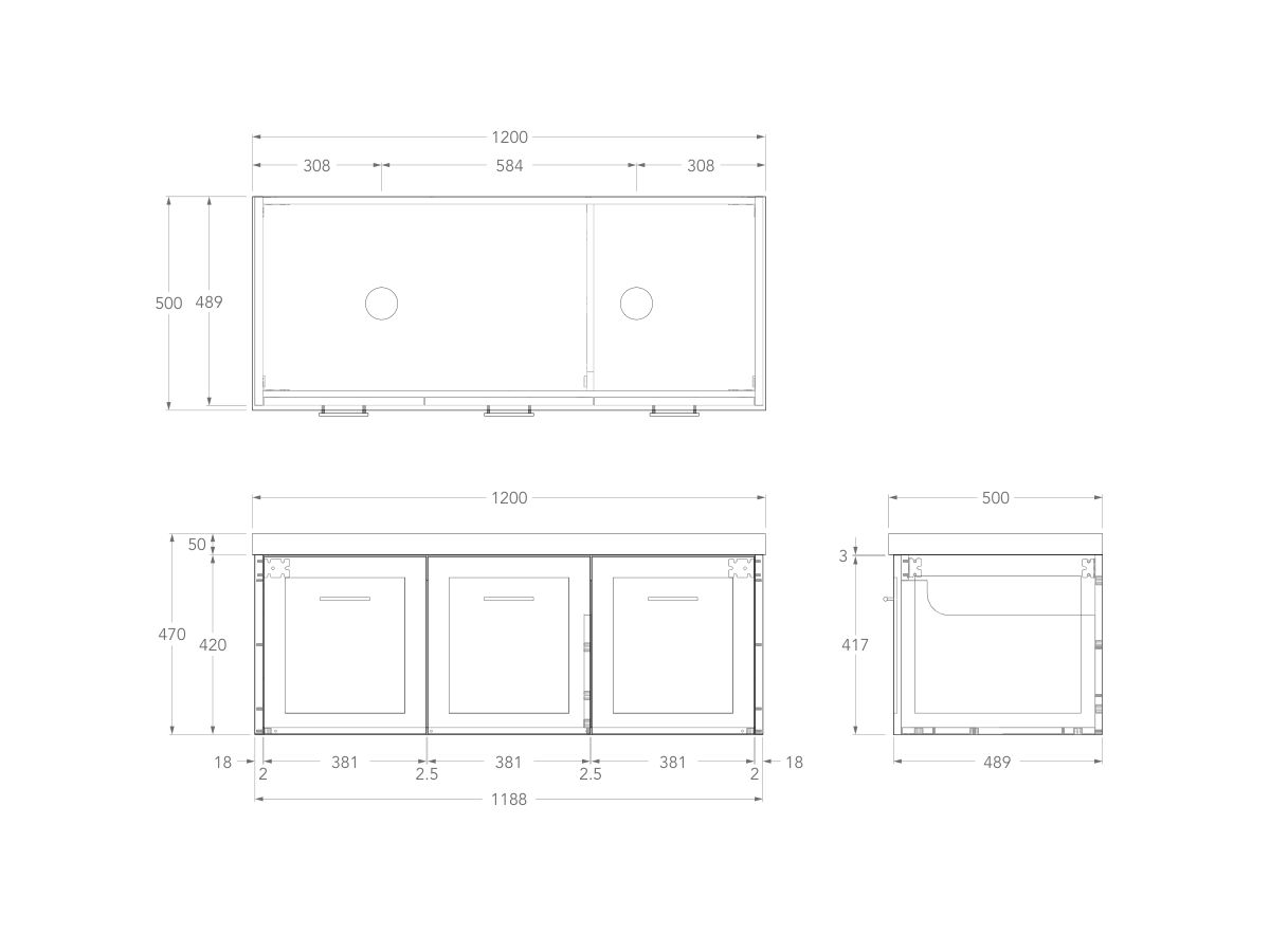 Technical Drawing - Kado Lux All Door 1200mm Double Bowl Wall Hung 50mm Top
